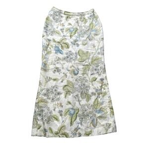 Talbots Skirt Womens 4 Blue Green Floral Print Midi Linen Lined Summer Classic